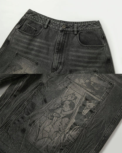 Vintage Graphic Washed Five-Length Denim Shorts