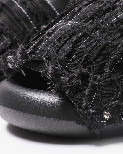 New Black Frayed Denim Platform Slides