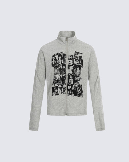 Ribbed Graphic Zip-Up Long Sleeve