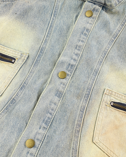 Vintage Wash Denim Jacket with Zipper Pockets