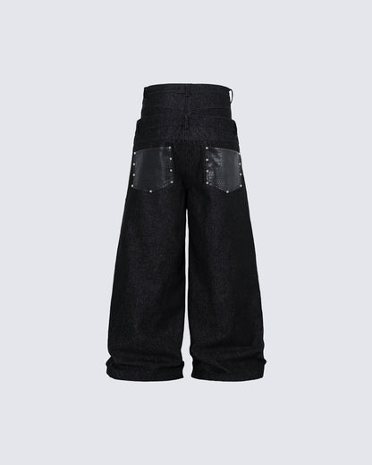 Rivet Patchwork Leather Panel Denim Pants