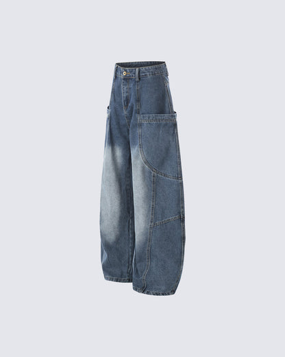 Washed Panel Design Loose Fit Denim Pants