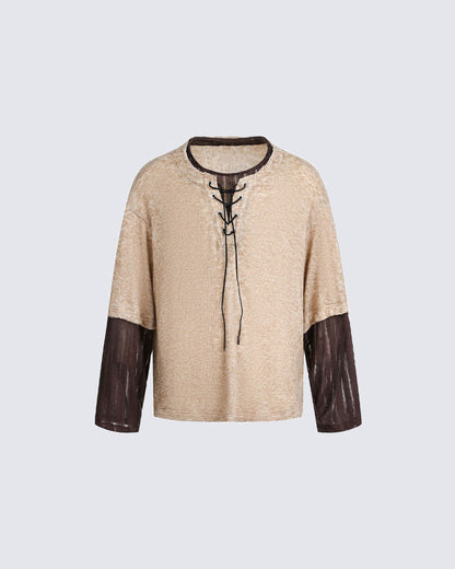 Lace-Up Neck Layered Knit T-Shirt