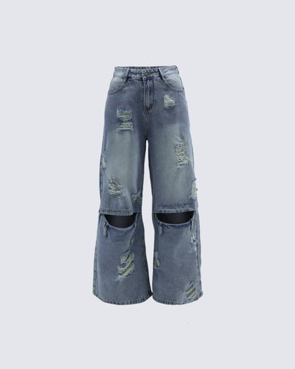 Punk Double-Knee Cutout Washed Denim Pants
