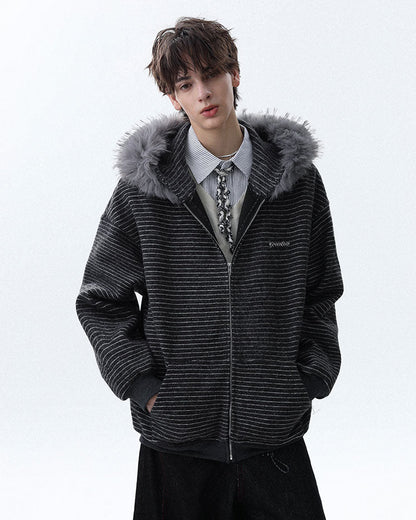 Striped Hoodie Jacket with Fur Trim
