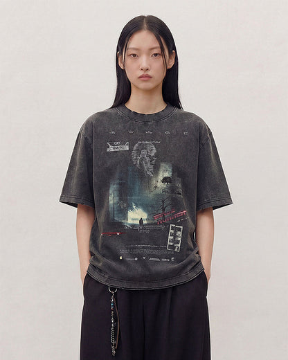 Dark Washed Futuristic Graphic Short Sleeve T-Shirt