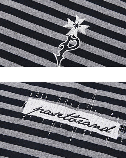 Subculture Cross Embroidered Striped Long Sleeve