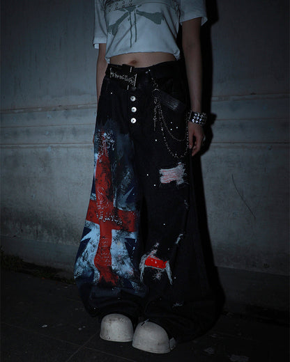 Distressed Hole High-Street Wide-Leg Pants