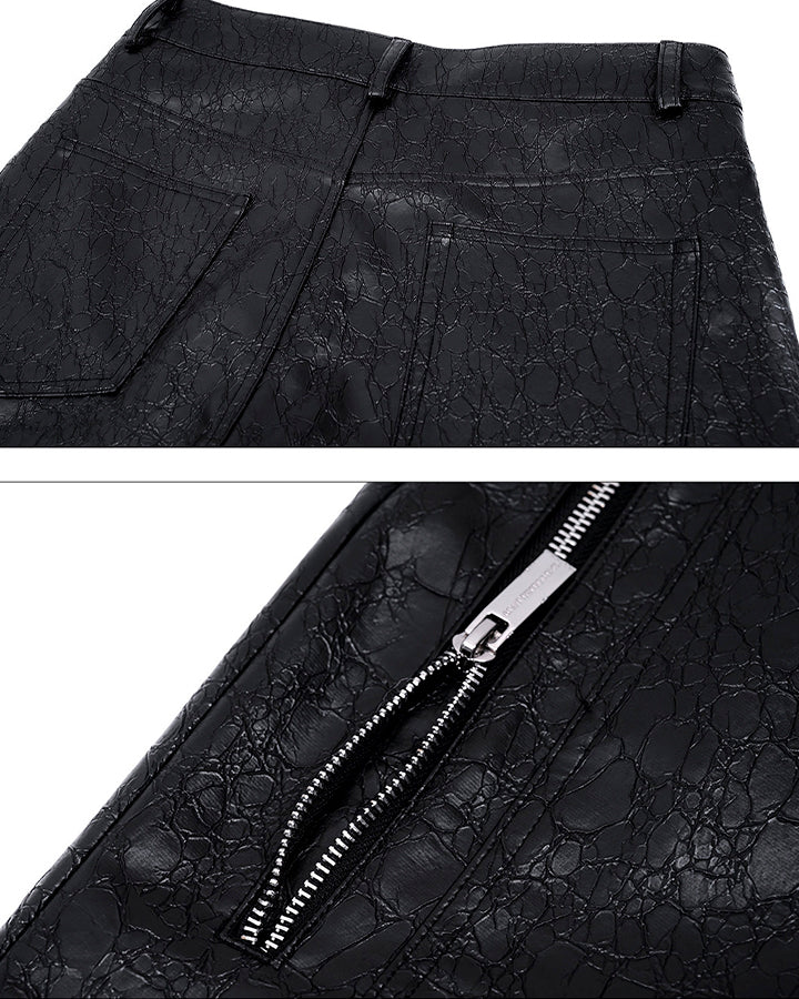PU Leather Textured Straight-Leg Pants