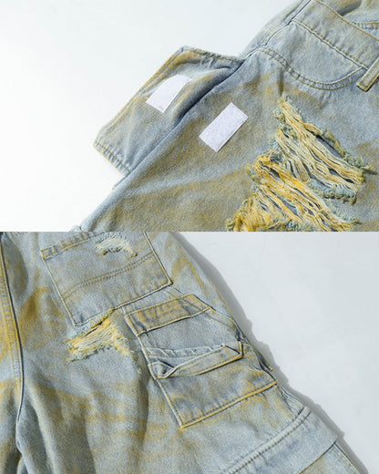 Layered Distressed Raw Hem Denim Shorts