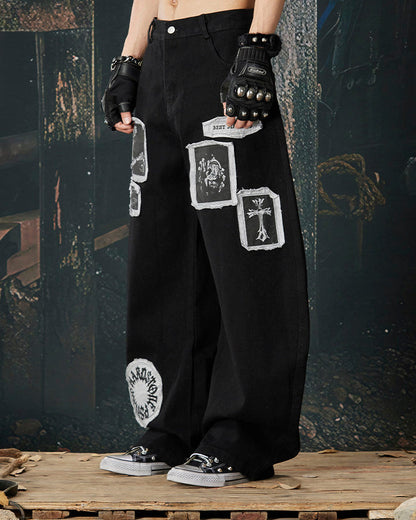 Graphic Patch Wide Leg Denim Pants
