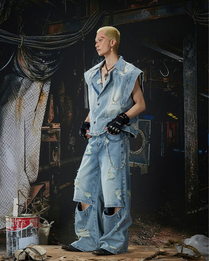 Punk Double-Knee Cutout Washed Denim Pants