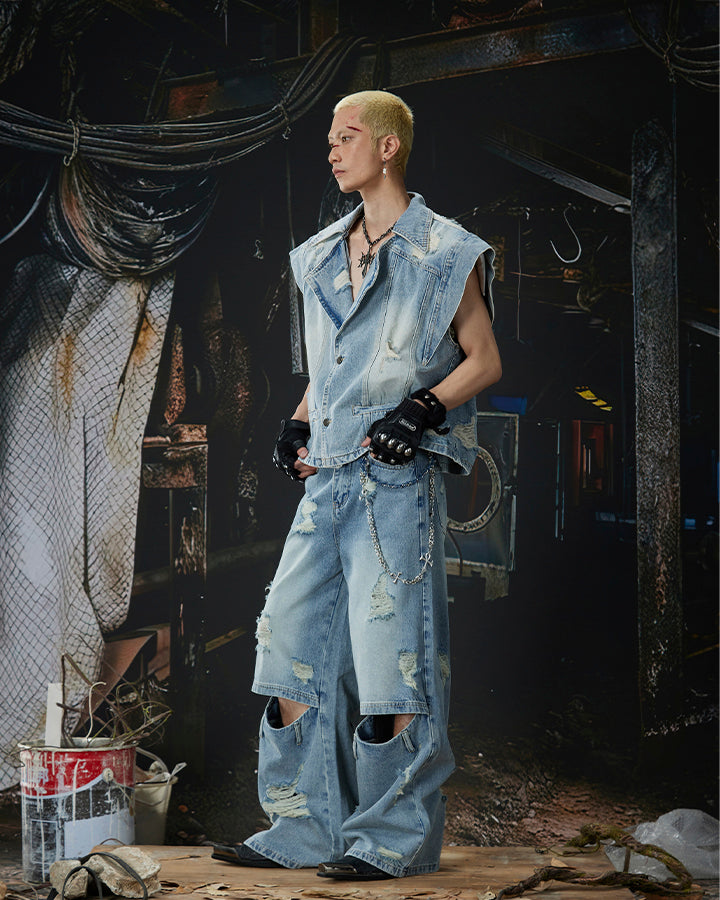 Punk Double-Knee Cutout Washed Denim Pants