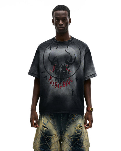 Dark Washed Distressed Graphic Short Sleeve T-Shirt