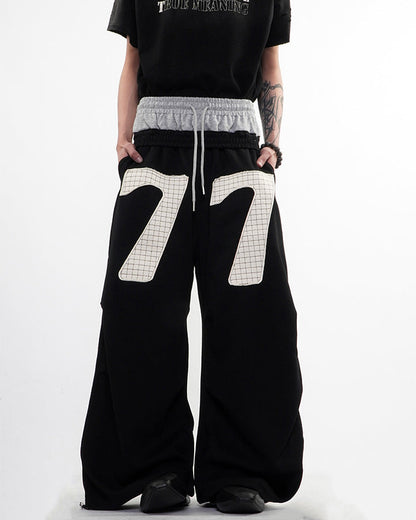 Double Waistband Number Patch Wide Leg Sweatpants