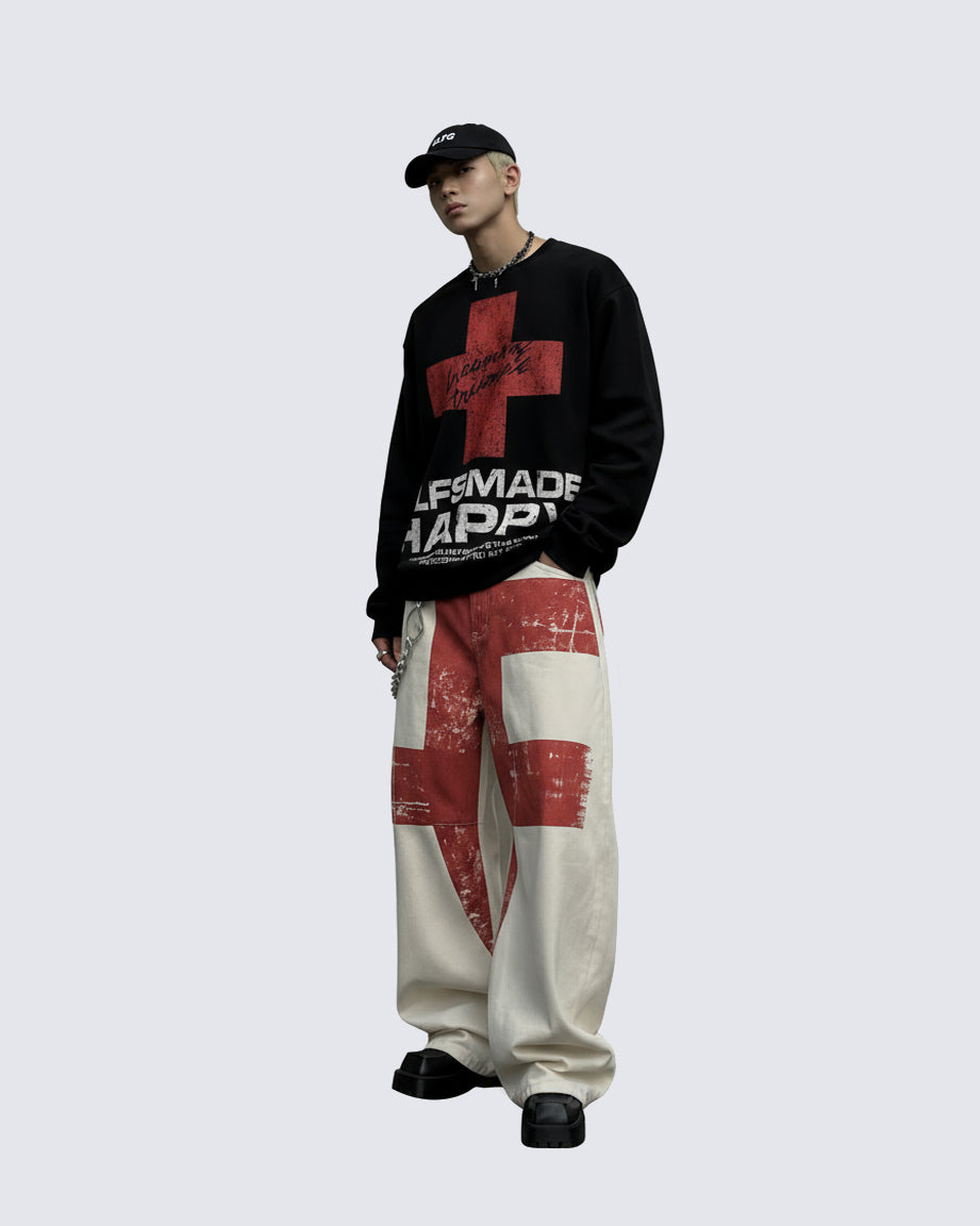 Retro Graphic Baggy Jeans with Scimitar Print