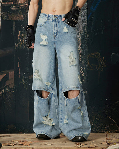 Punk Double-Knee Cutout Washed Denim Pants