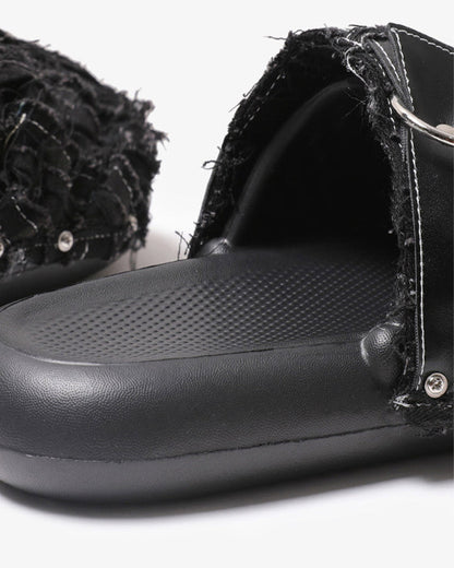 New Black Frayed Denim Platform Slides