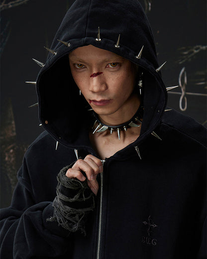 Spike Decor Zip-Up Hooded Sweatshirt