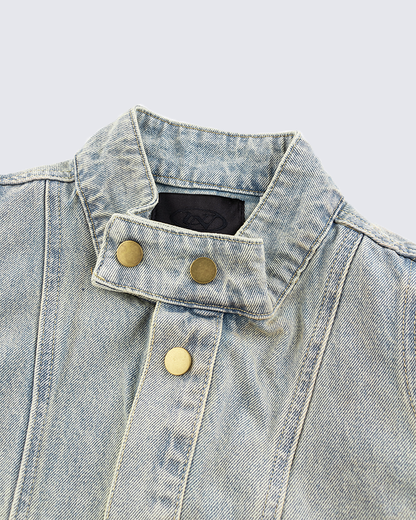 Vintage Wash Denim Jacket with Zipper Pockets