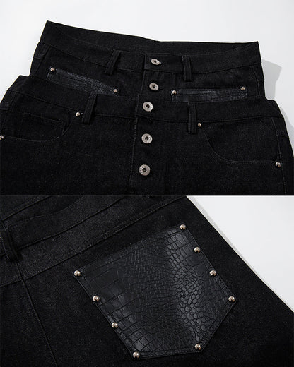 Rivet Patchwork Leather Panel Denim Pants
