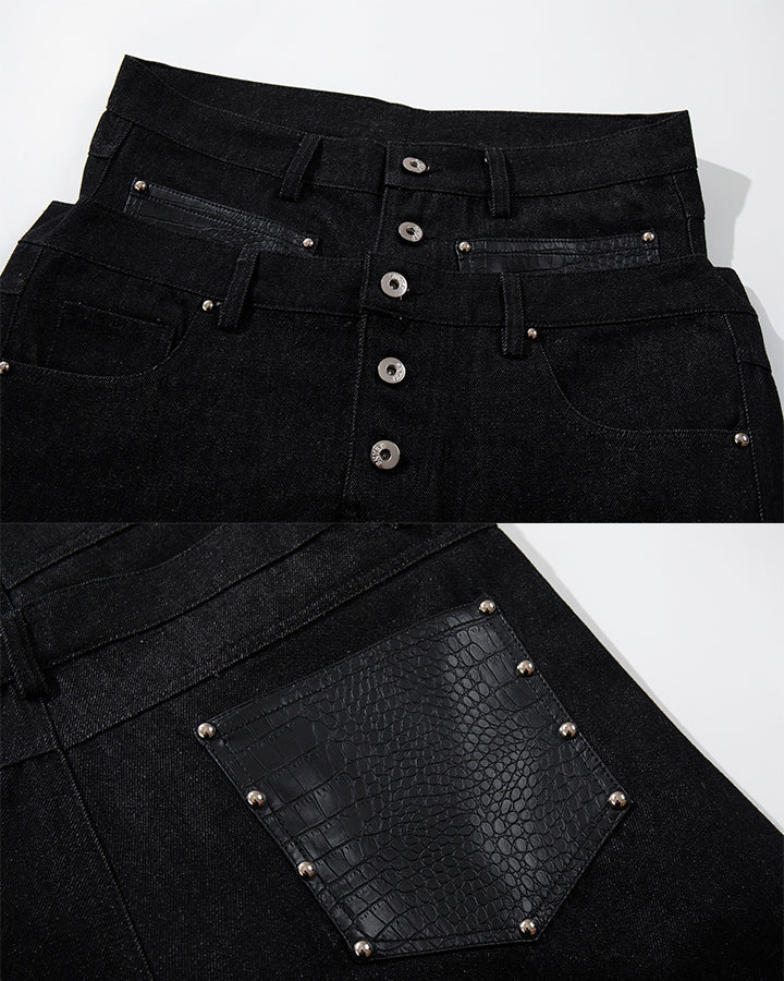 Rivet Patchwork Leather Panel Denim Pants