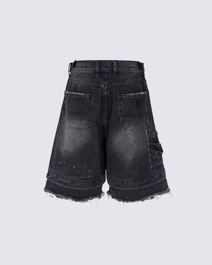 Vintage Washed Cargo Five-Length Denim Shorts