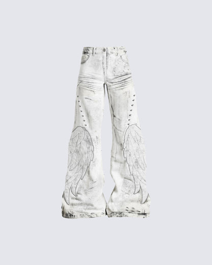 Angel Wing Print Distressed Wide-Legged Jeans