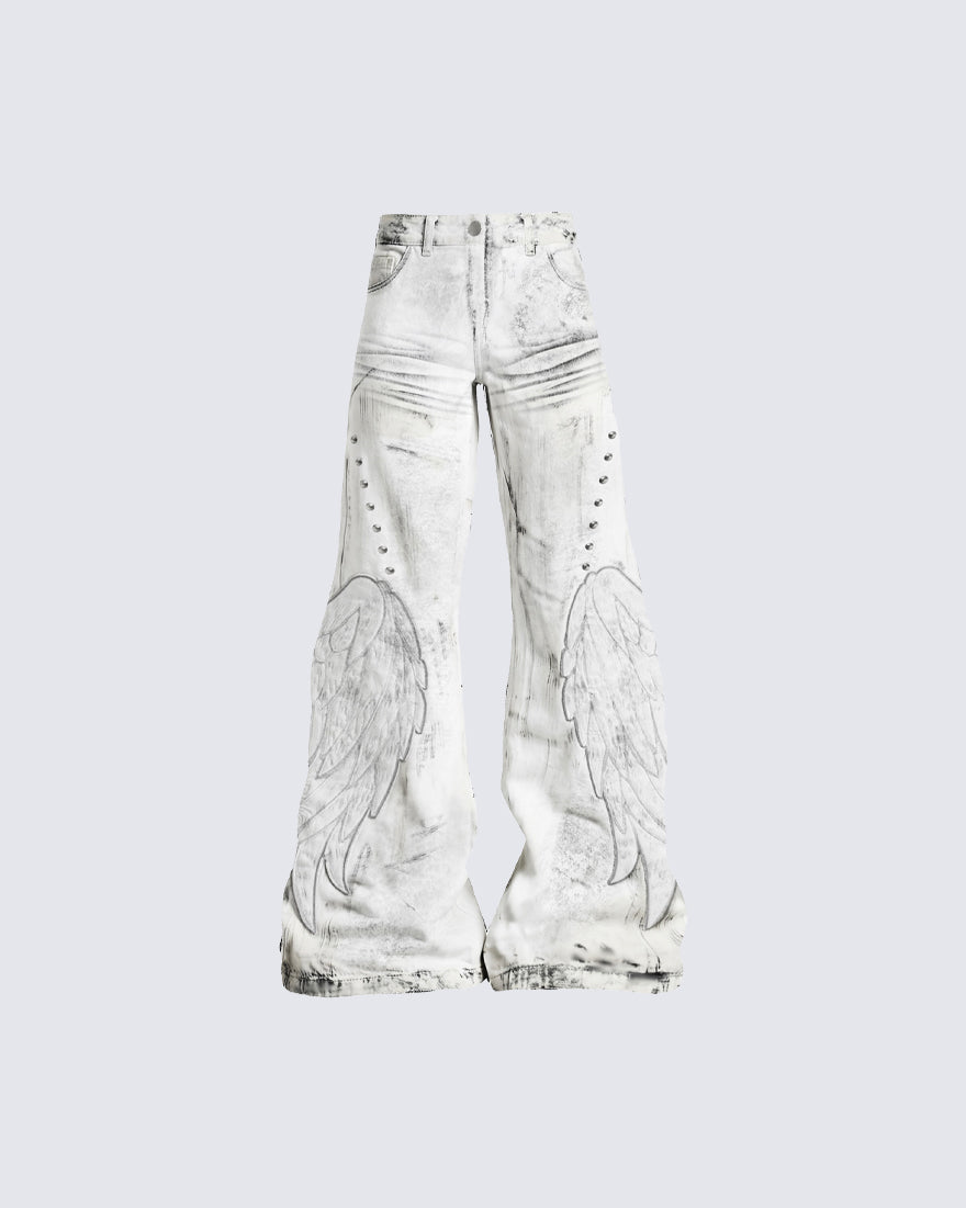 Angel Wing Print Distressed Wide-Legged Jeans