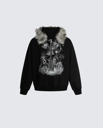 Lightweight Fuzzy Printed Half-Zip Cropped Hoodie