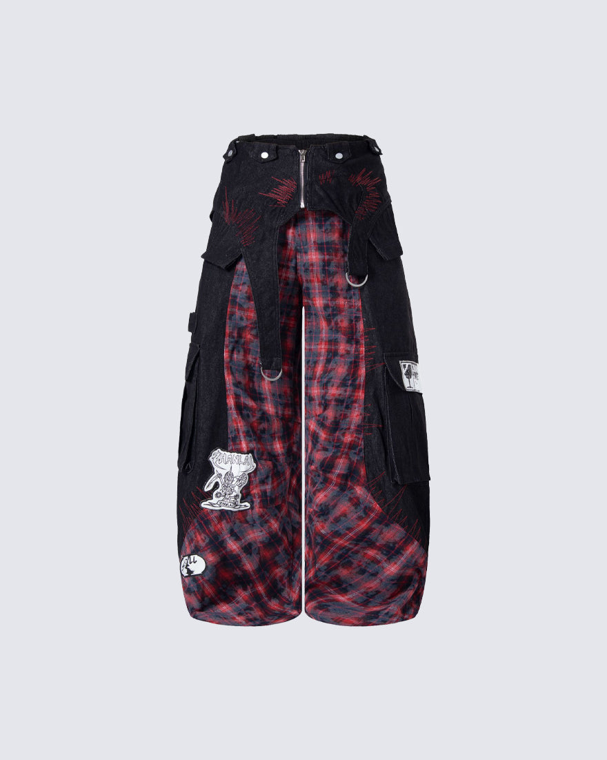 New Layered Plaid Cargo Wide-Leg Pants