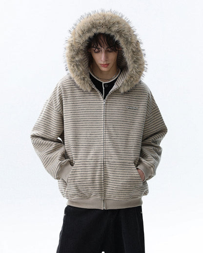 Striped Hoodie Jacket with Fur Trim