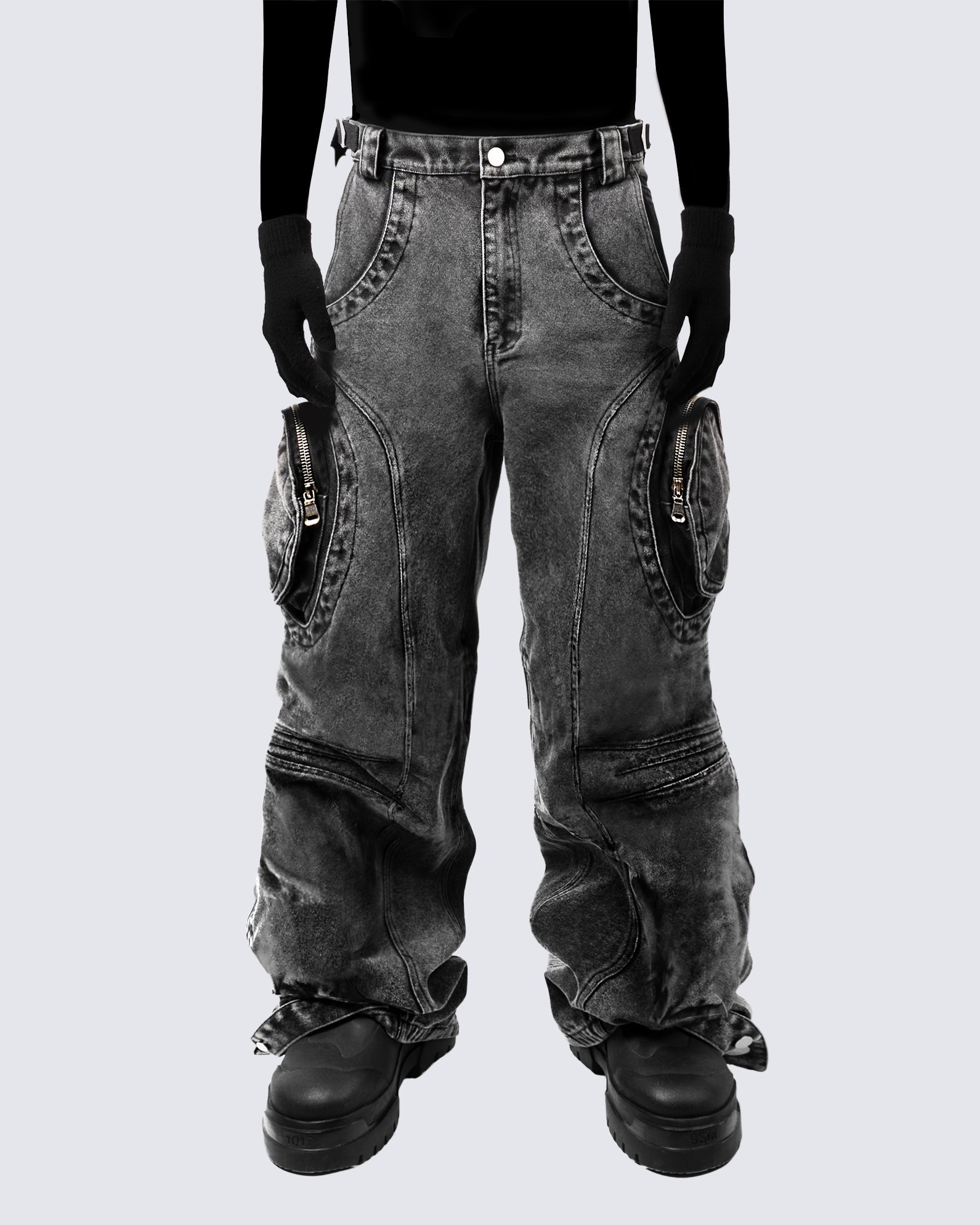 Bold Retro-Washed Black Denim Pants by KIIKIO