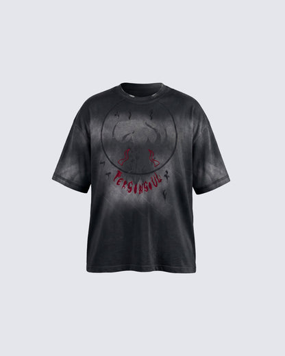 Dark Washed Distressed Graphic Short Sleeve T-Shirt