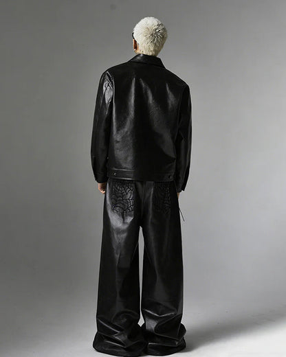 Faux Leather Jacket with Spiderweb Panels