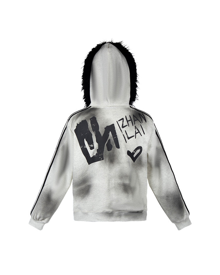 Gradient Faux Fur Hood Zip Hoodie