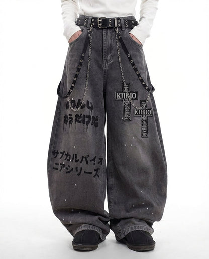 Punk Washed Denim Wide-Leg Pants