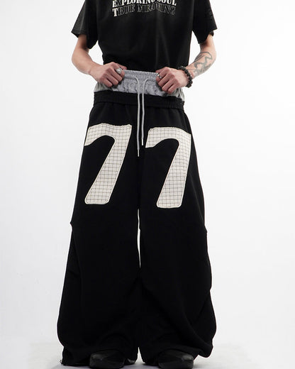 Double Waistband Number Patch Wide Leg Sweatpants