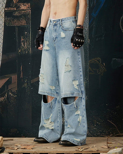 Punk Double-Knee Cutout Washed Denim Pants