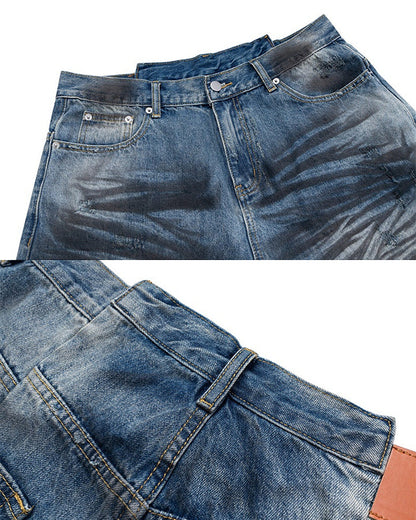 Distressed Crinkled Irregular Knee-Length Denim Shorts