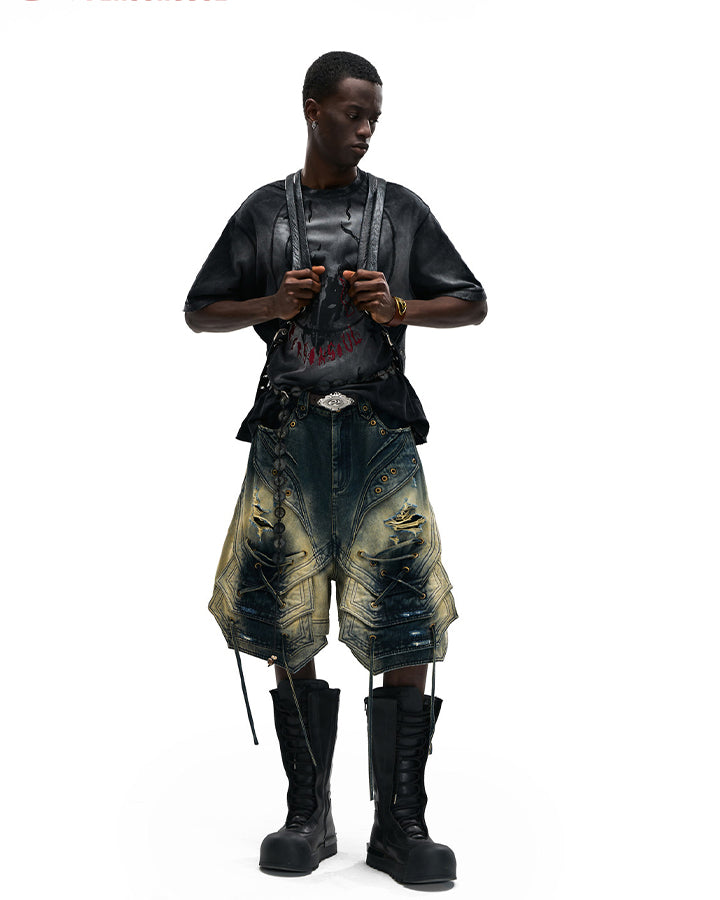 Dark Washed Distressed Graphic Short Sleeve T-Shirt