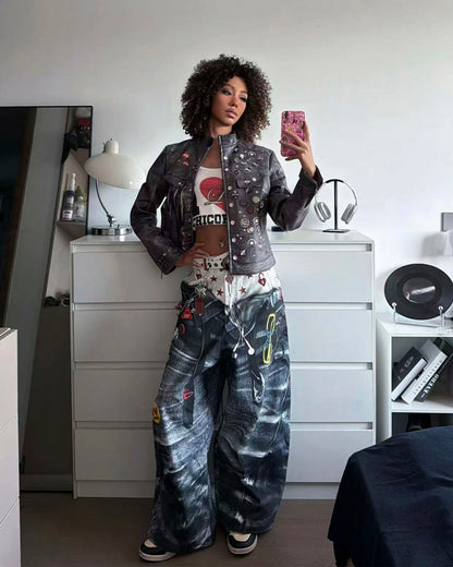 Print Denim Illusion Wide-Leg Pants