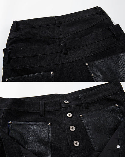 Rivet Patchwork Leather Panel Denim Pants