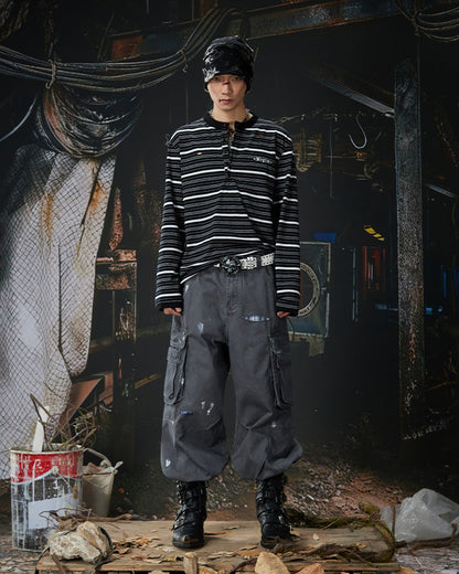 Vintage Contrast Stripe Button Long Sleeve T-Shirt