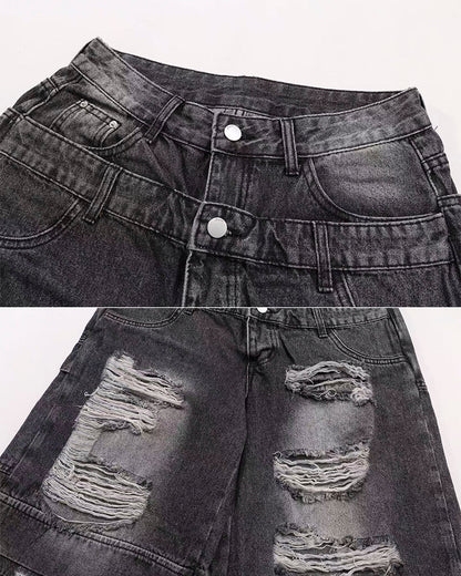 New Double Waist Distressed Denim Pants