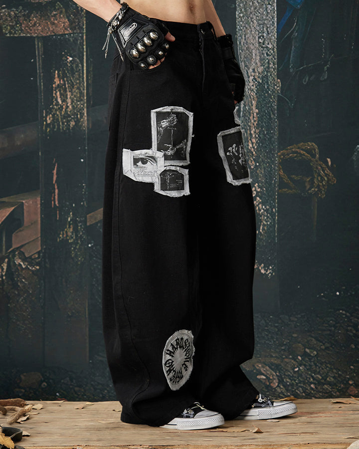 Graphic Patch Wide Leg Denim Pants