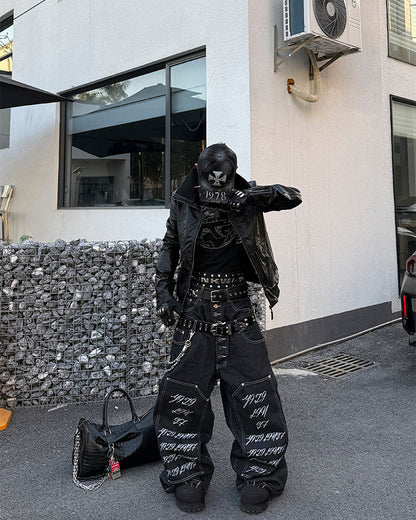 Double Waist Script Denim Pants