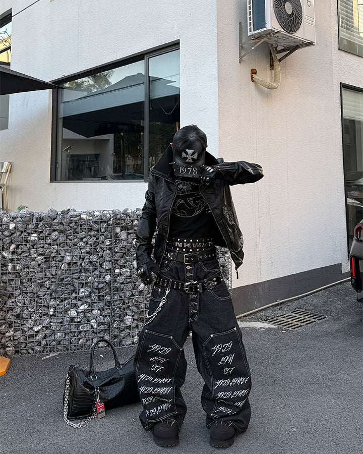 Double Waist Script Denim Pants