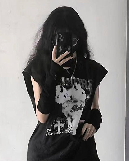 Vintage Cat Graphic Bat Sleeve Vest Hoodie