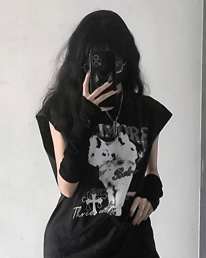 Vintage Cat Graphic Bat Sleeve Vest Hoodie